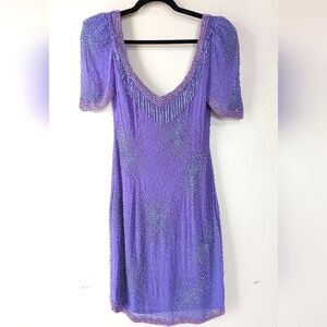 Unbelievable Vintage Beaded Dress, 100% Silk, Purple, S/M, Party Dress, Rare!